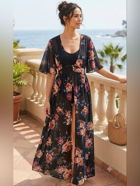 LIFE Sheer Stretch Floral Hi Low Topper Large  duster cover up resort beach chic